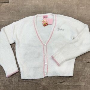 Juicy Couture White Fuzzy Cardigan Pink Trim Rhinestone Logo L NWT